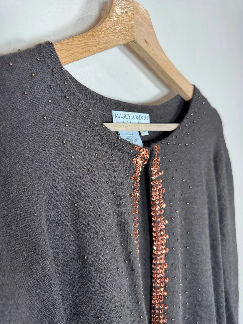 VTG Maggy London Chocolate Brown Cardigan Knit Beaded Trim Angora Silk Classic